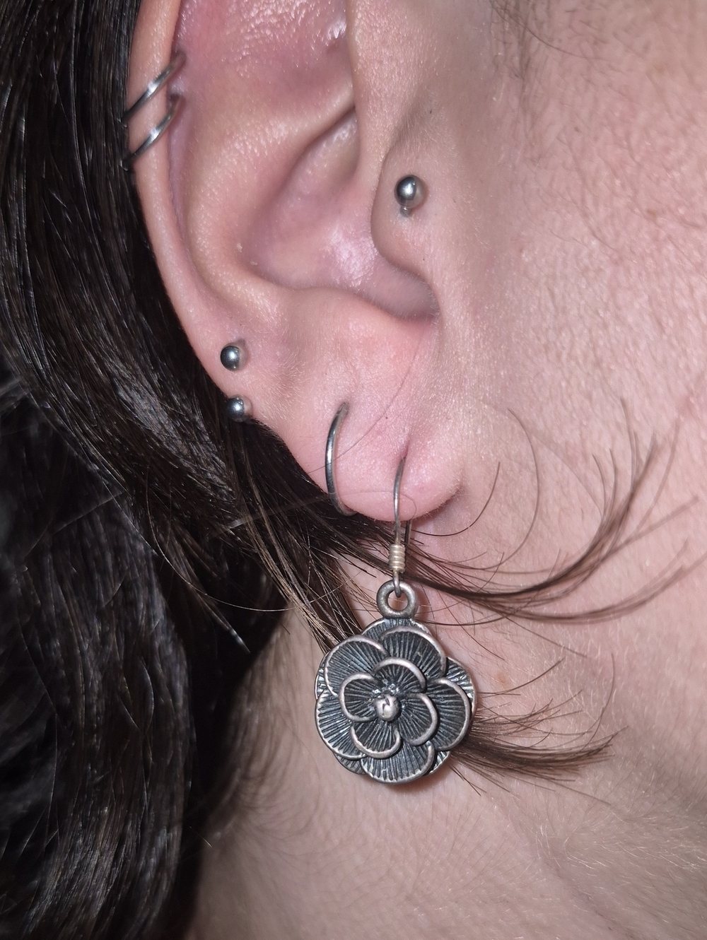 Sterling Silver Floral Drop Earrings - Silver